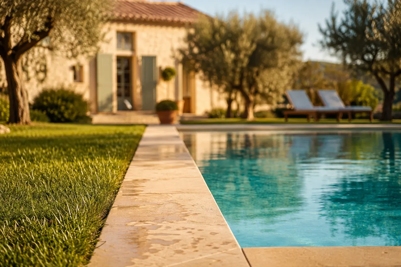 Bord de piscine et pelouse verte attenante dans un jardin méditerranéen en fin de journée