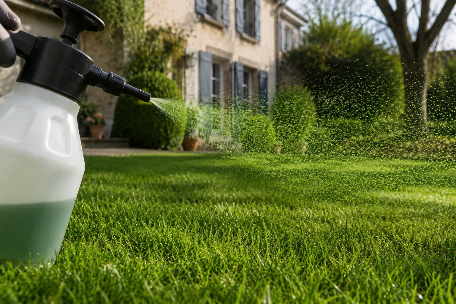 Application d'un biostimulant liquide à base d'extrait d'algues sur une pelouse en début de saison