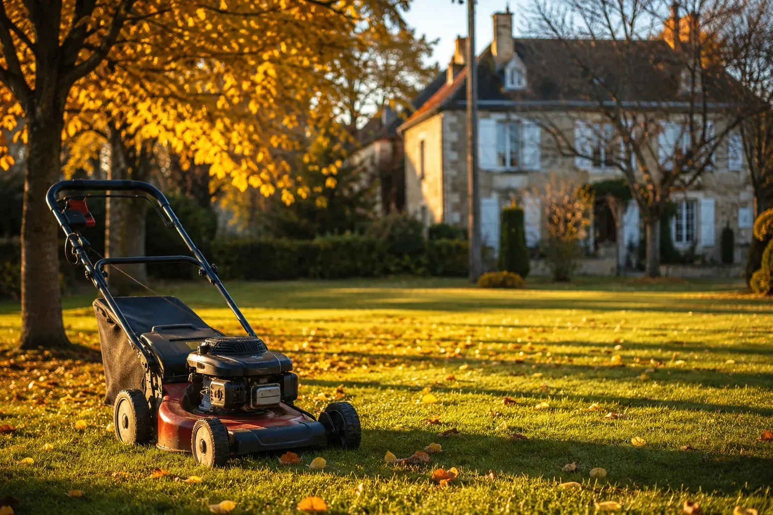 Tondeuse sur une pelouse en fin d'automne avant l'arrêt de la pousse