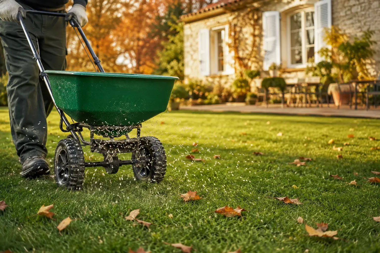 Épandage d'un engrais d'automne sur une pelouse en septembre