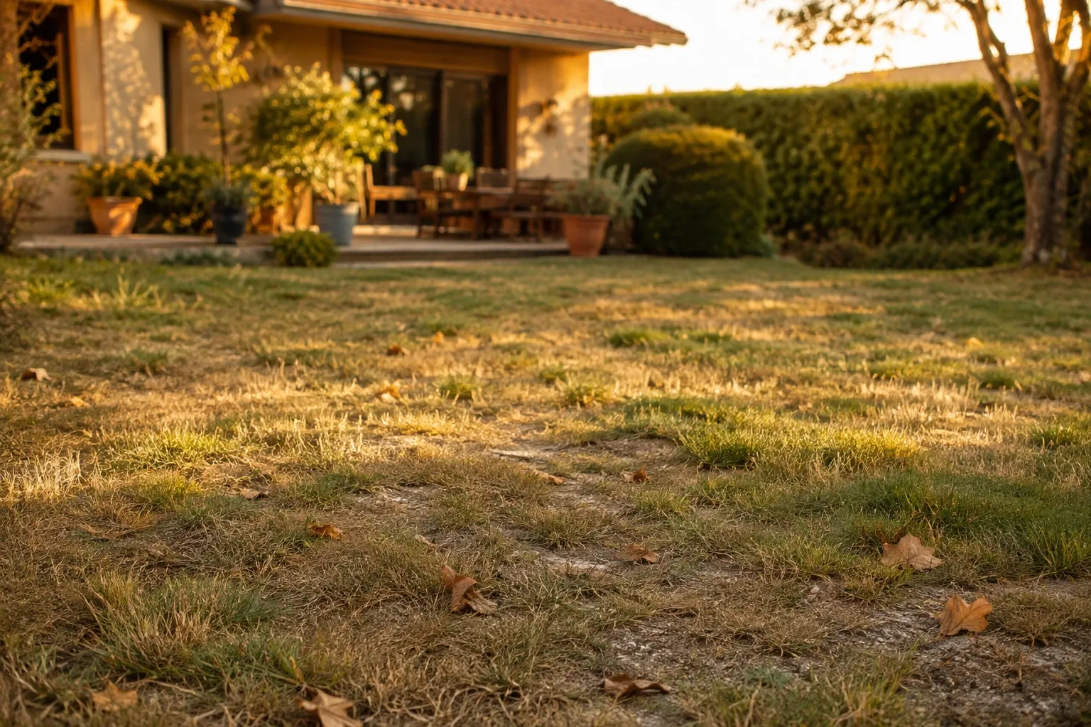 Pelouse jaunie par l'été avec zones encore vertes, jardin de maison individuelle en fin de journée d'août