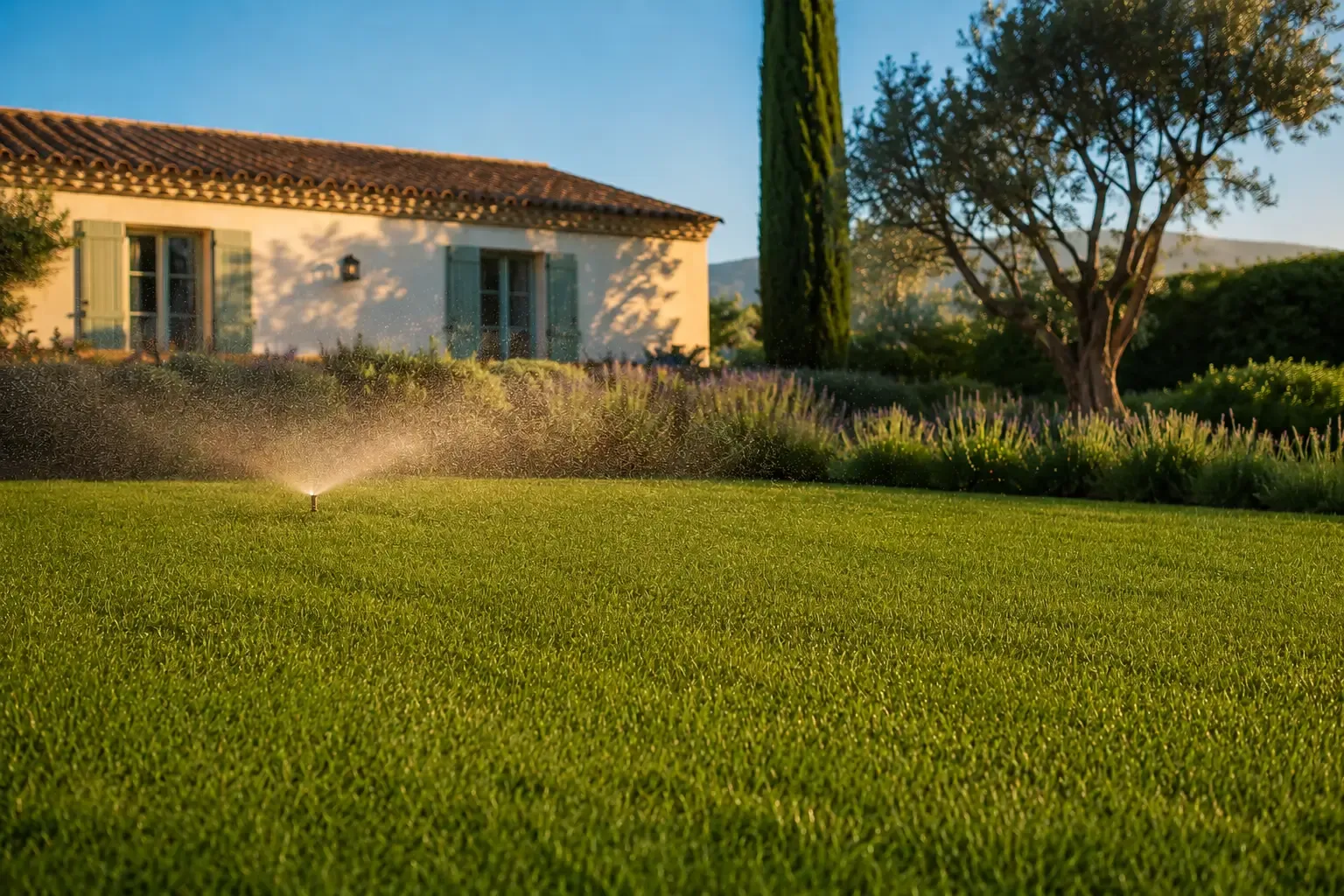 Pelouse dense tondue haut arrosée au petit matin, maison provençale simple en arrière-plan dans un jardin du sud de la France en juin