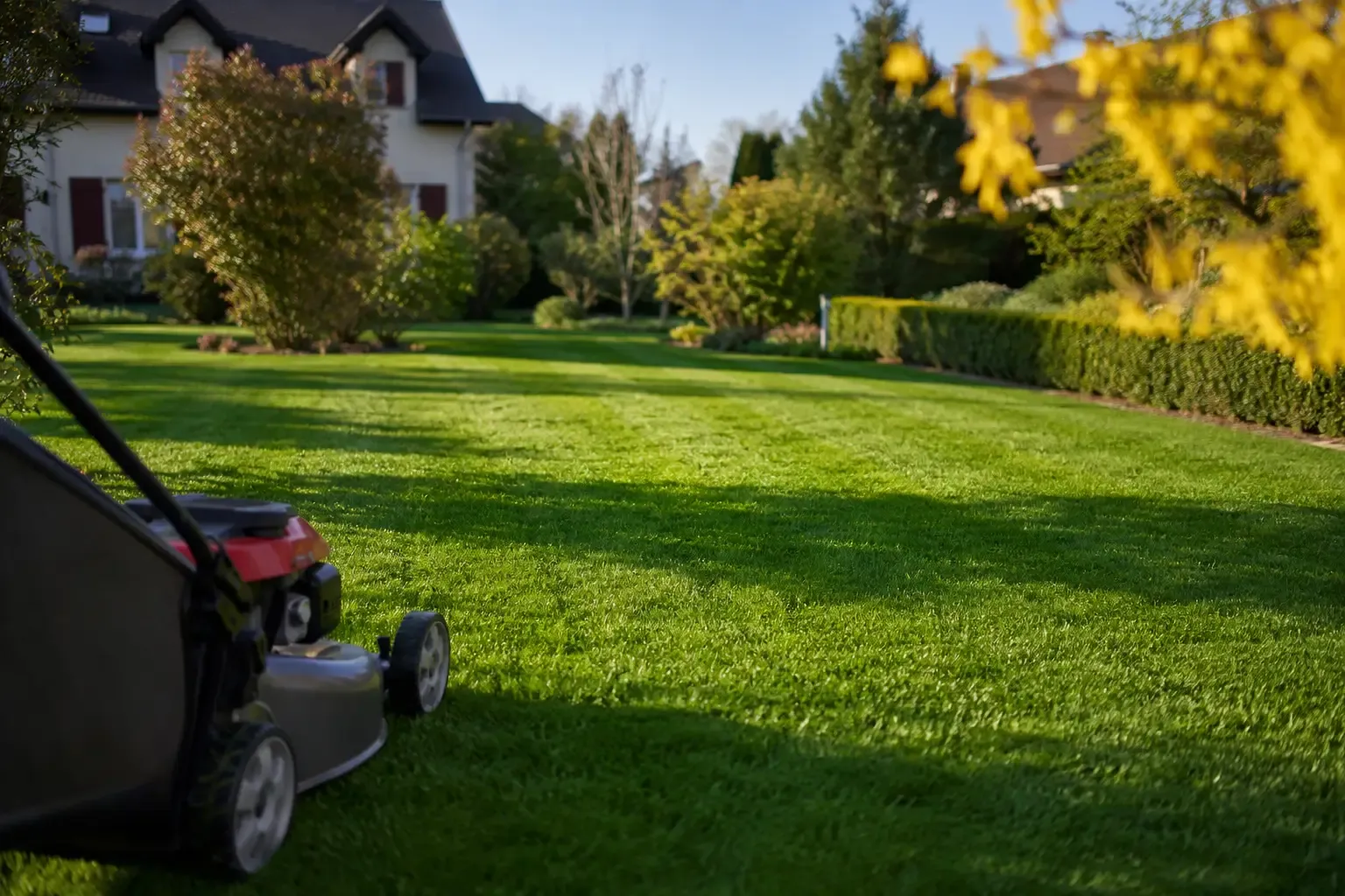 Pelouse résidentielle dense fraîchement tondue dans un jardin au mois de mai, fin de printemps