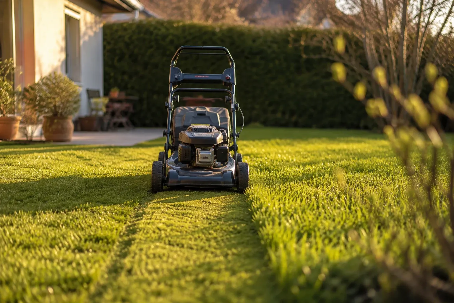 Première tonte d'une pelouse au début du printemps