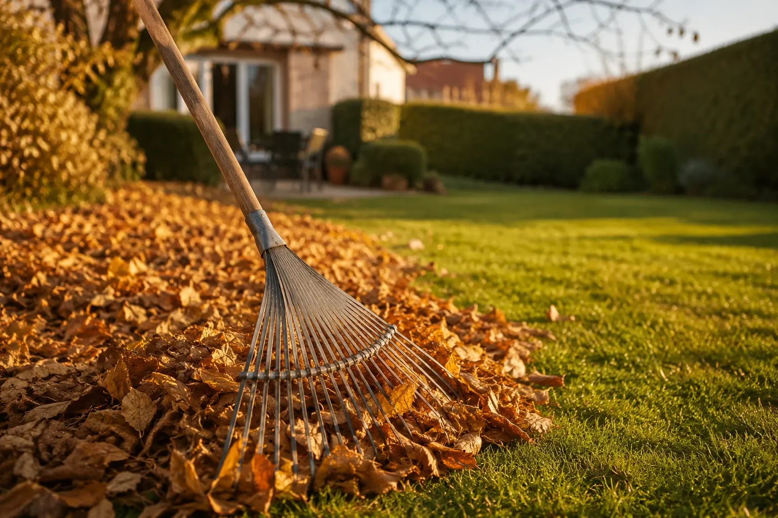 Ramassage des feuilles mortes sur une pelouse en novembre