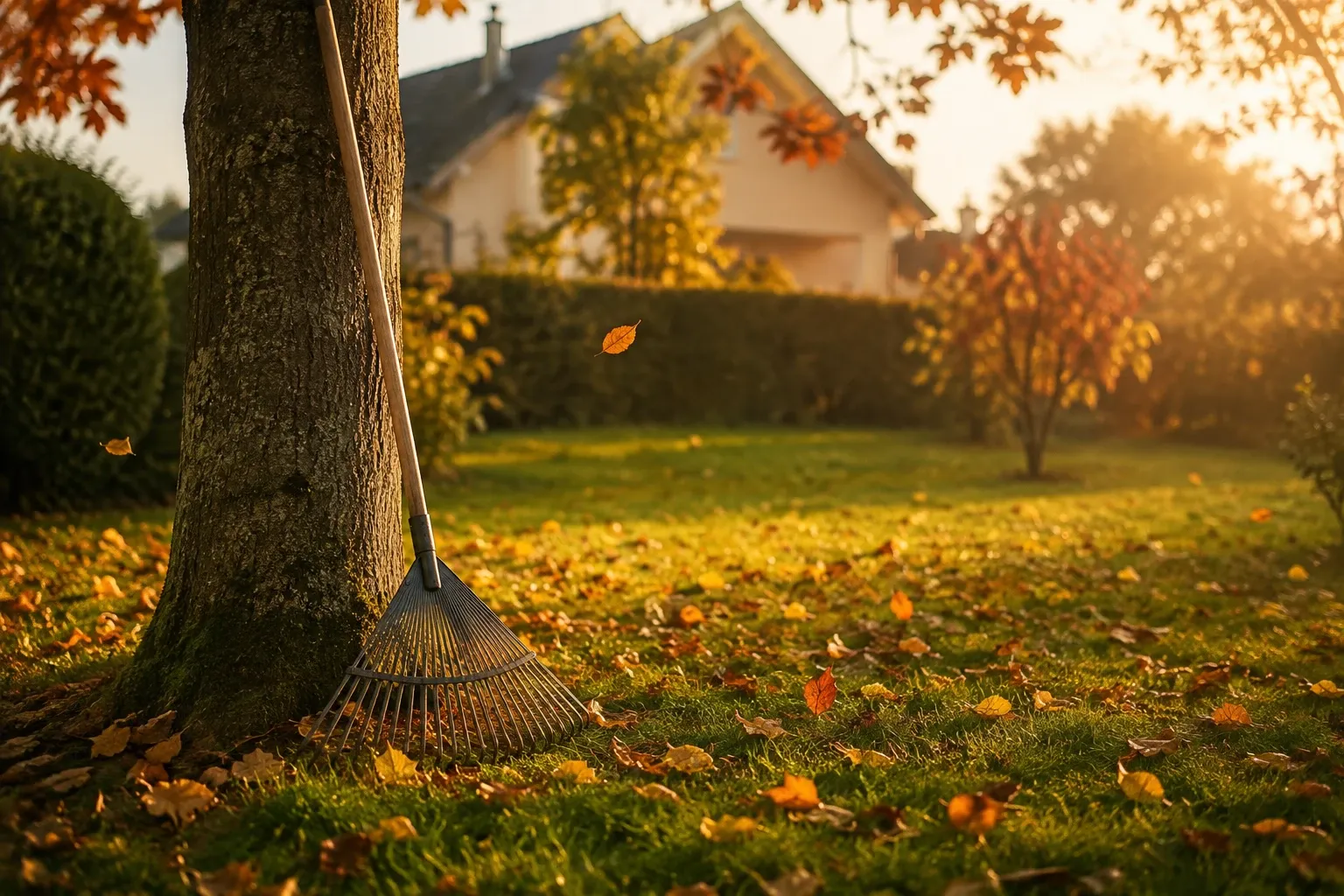 Râteau appuyé contre un arbre sur une pelouse d'automne jonchée de feuilles mortes
