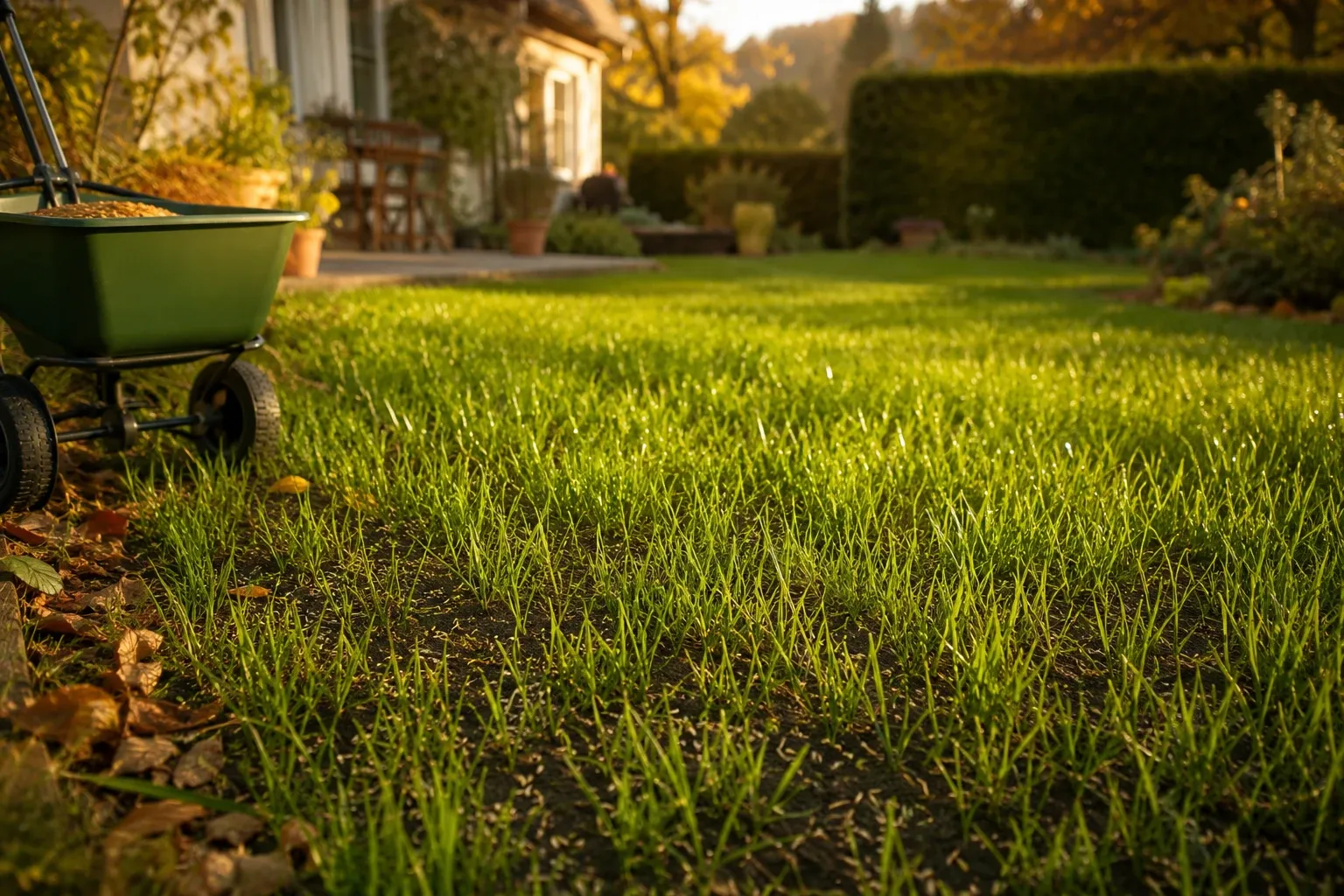 Pelouse de jardin densifiée par un sursemis au début de l'automne