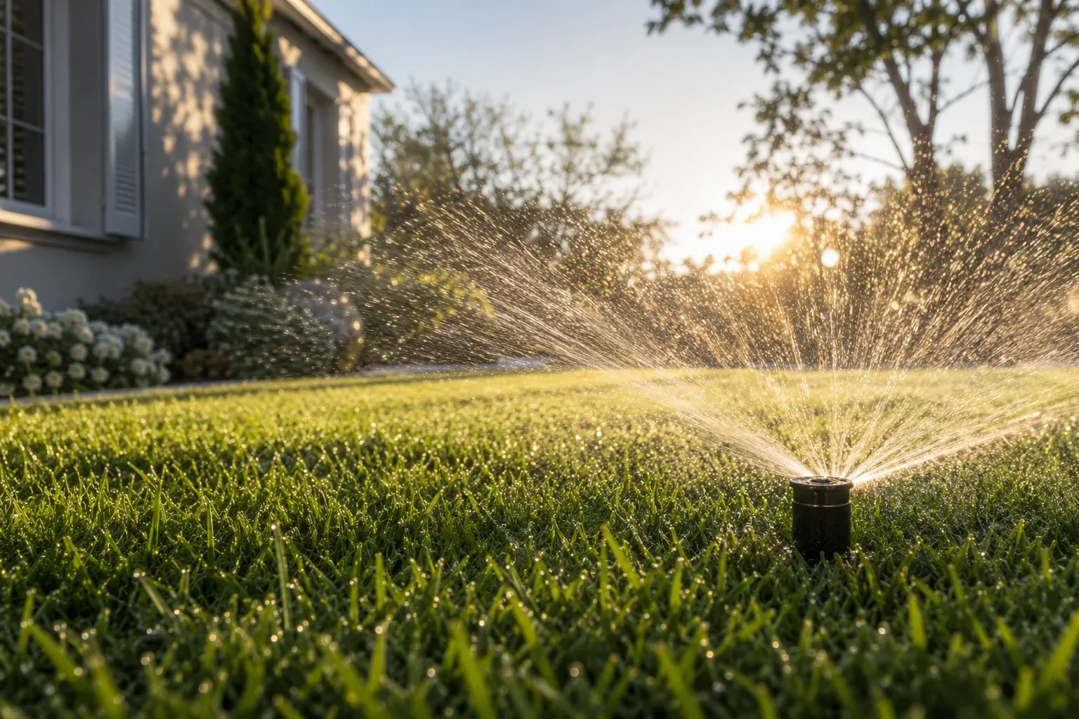 Pelouse arrosée par tuyère pop-up au lever du jour, illustrant le pilotage de l'arrosage selon l'évapotranspiration