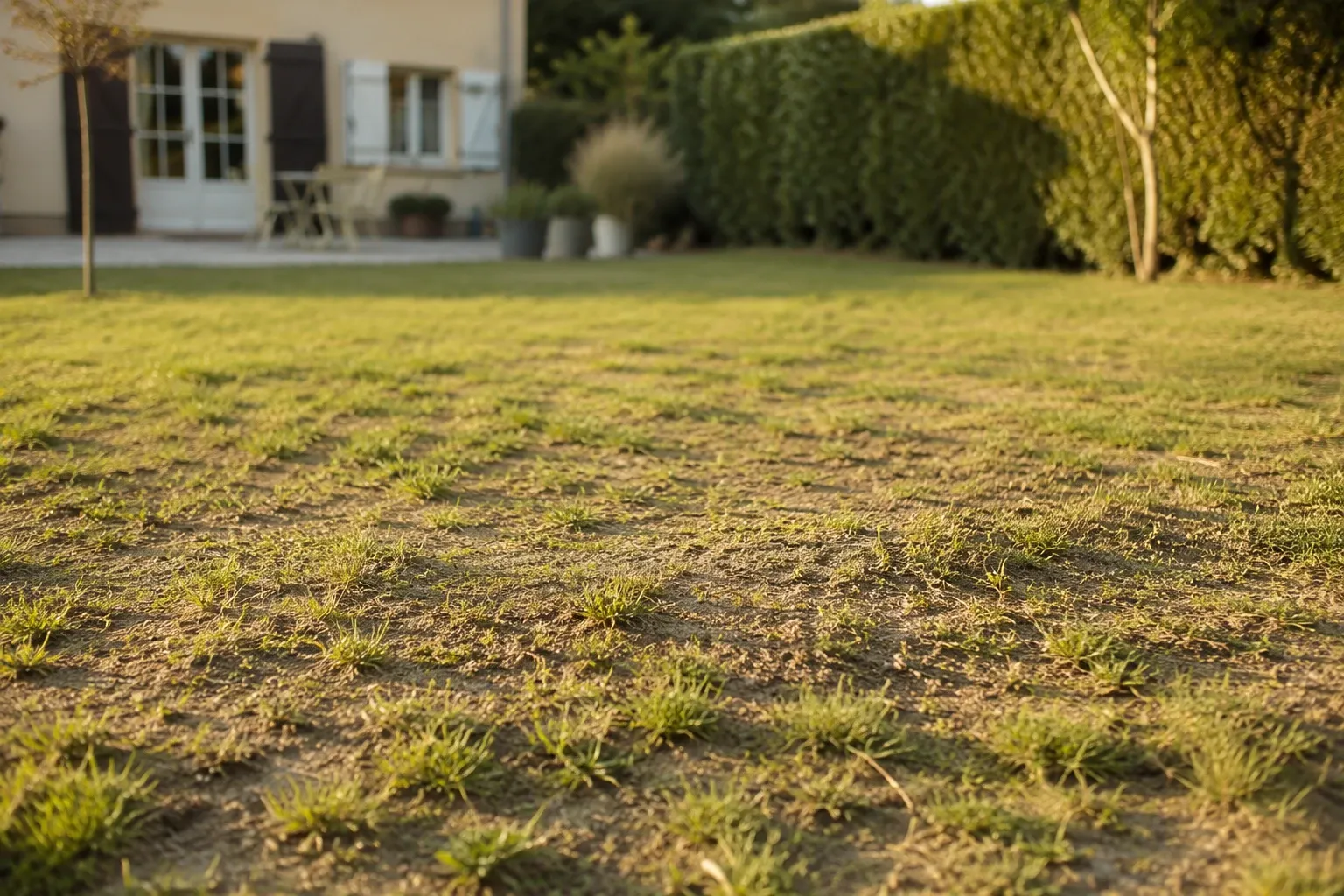 Pelouse clairsemée à la croissance ralentie dans un jardin de pavillon