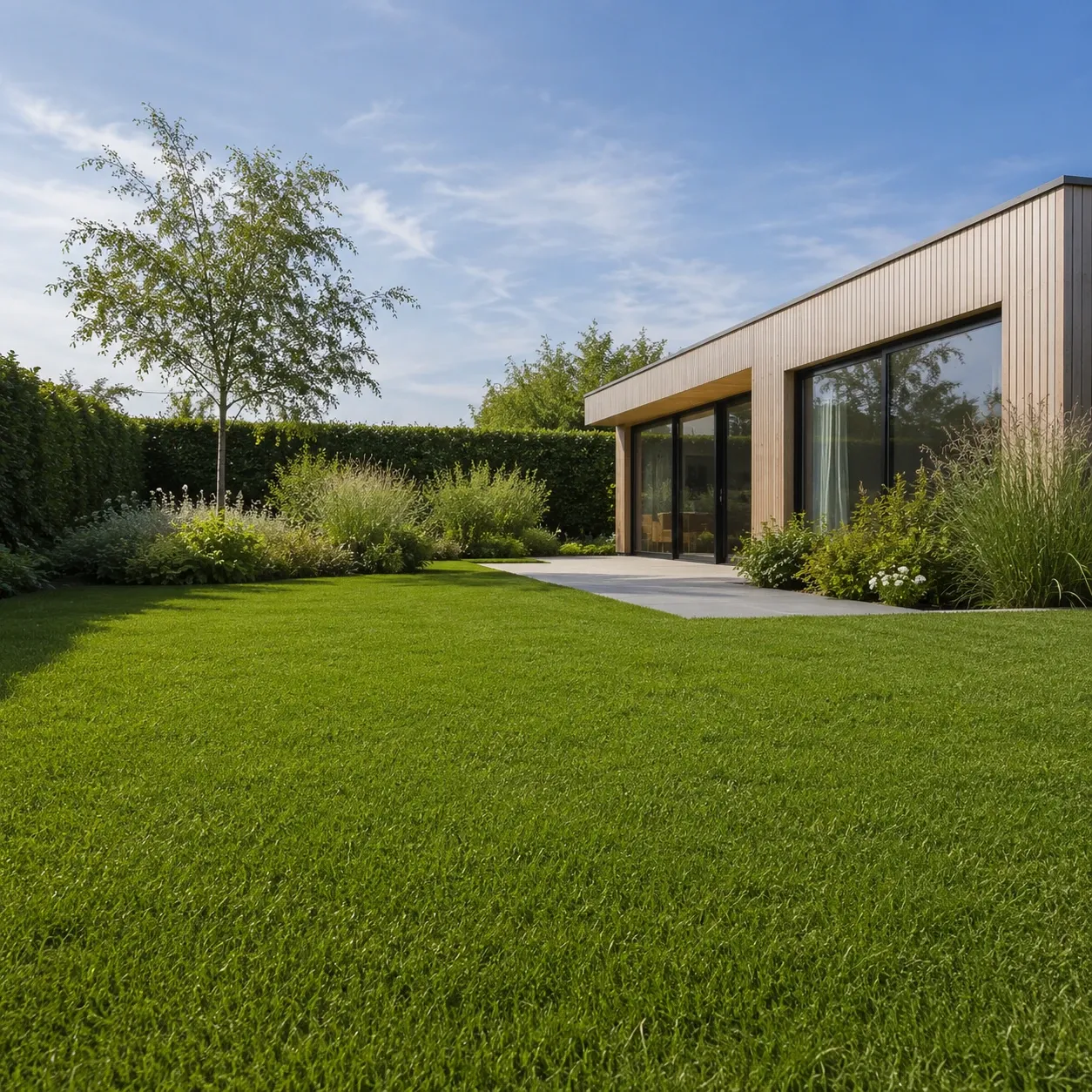 Pelouse dense dans un jardin résidentiel