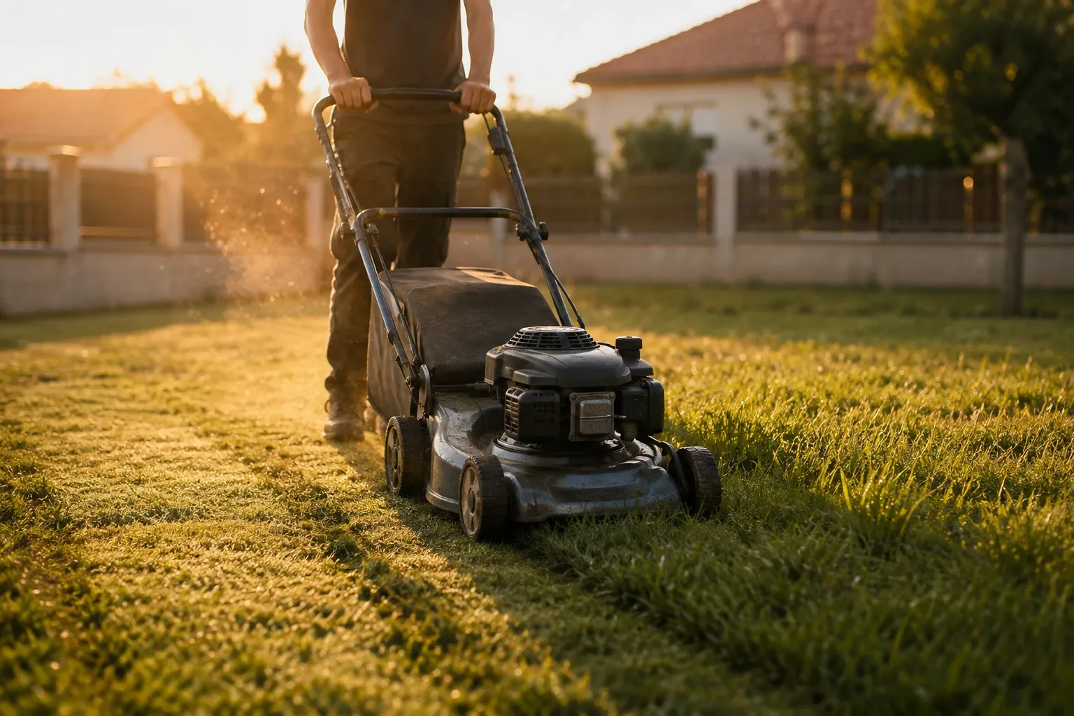 Tonte d'une pelouse de jardin pavillonnaire en fin d'après-midi, maison voisine en arrière-plan