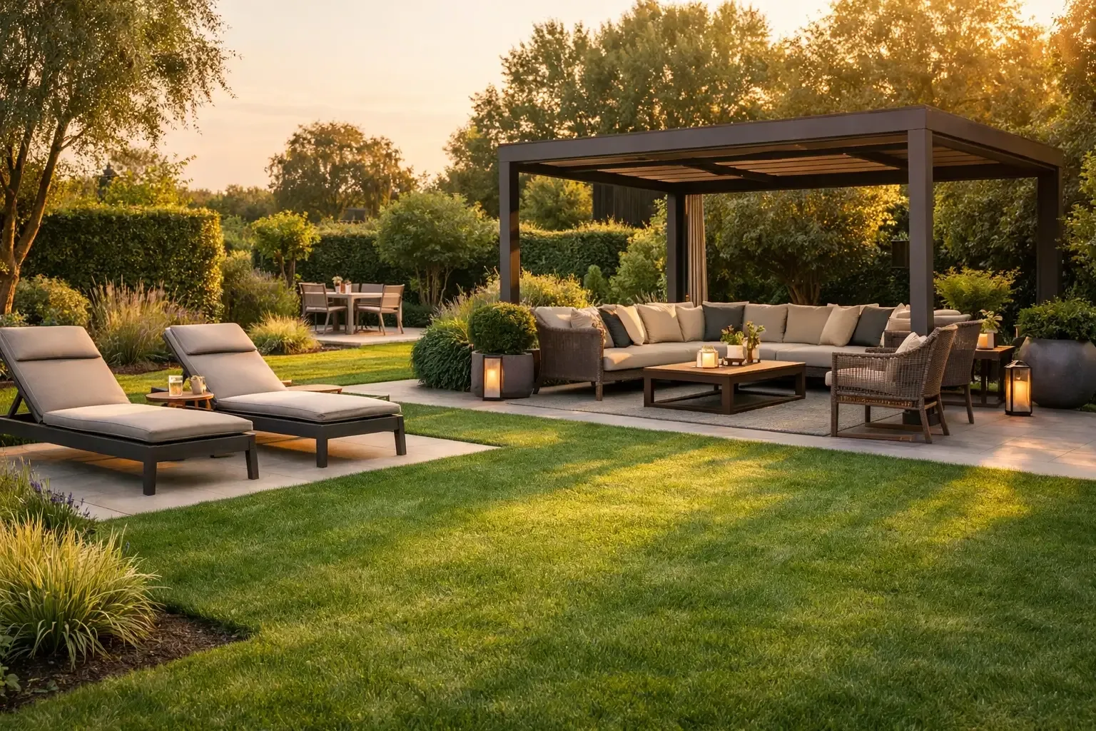 Espace lounge avec pelouse premium dans un jardin à Fréjus