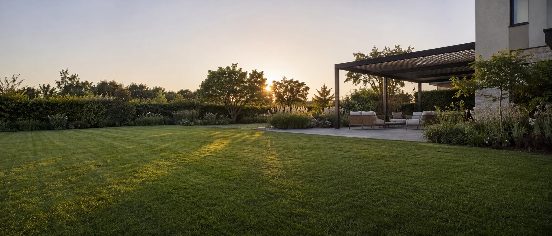 Jardin résidentiel au soleil couchant : large pelouse dense, terrasse et pergola aménagées par un paysagiste du réseau