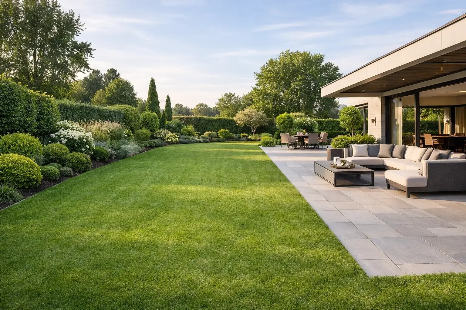 Jardin résidentiel avec pelouse premium et terrasse contemporaine dans le département de l'Aude (11)