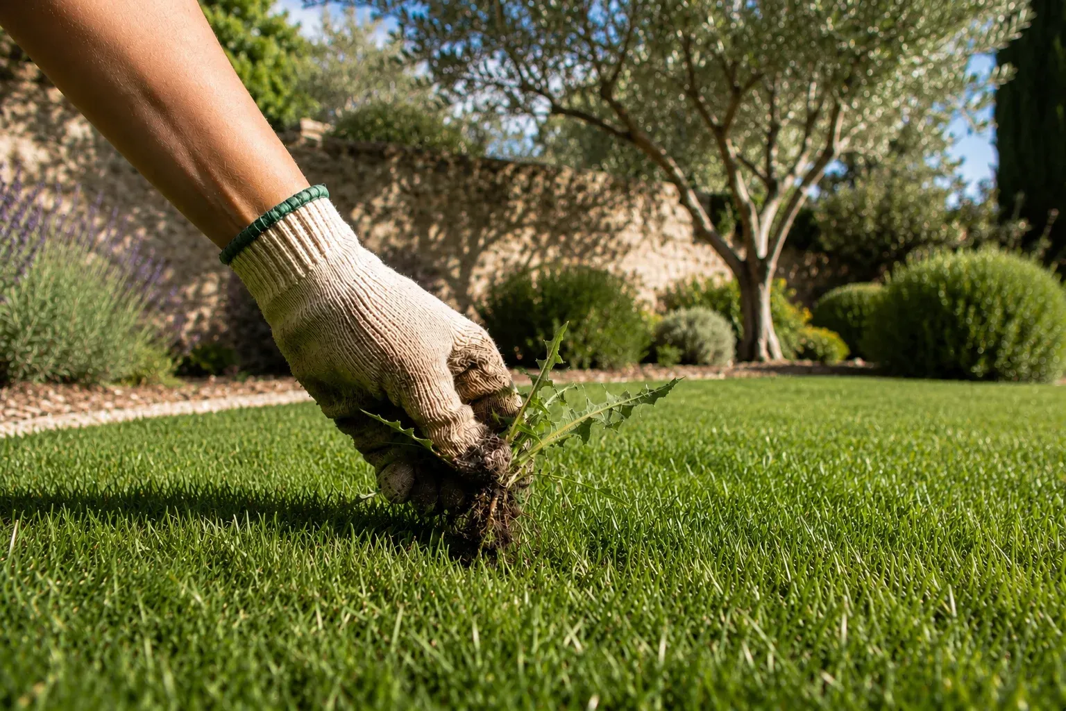 Jardinier entretenant une pelouse à la main sans produit chimique, dans l'esprit de la loi Labbé