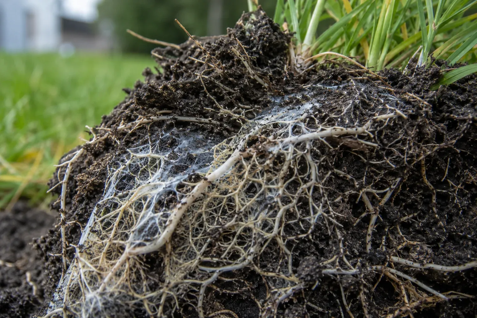 Racines de graminées colonisées par un fin réseau de filaments mycéliens dans un sol vivant