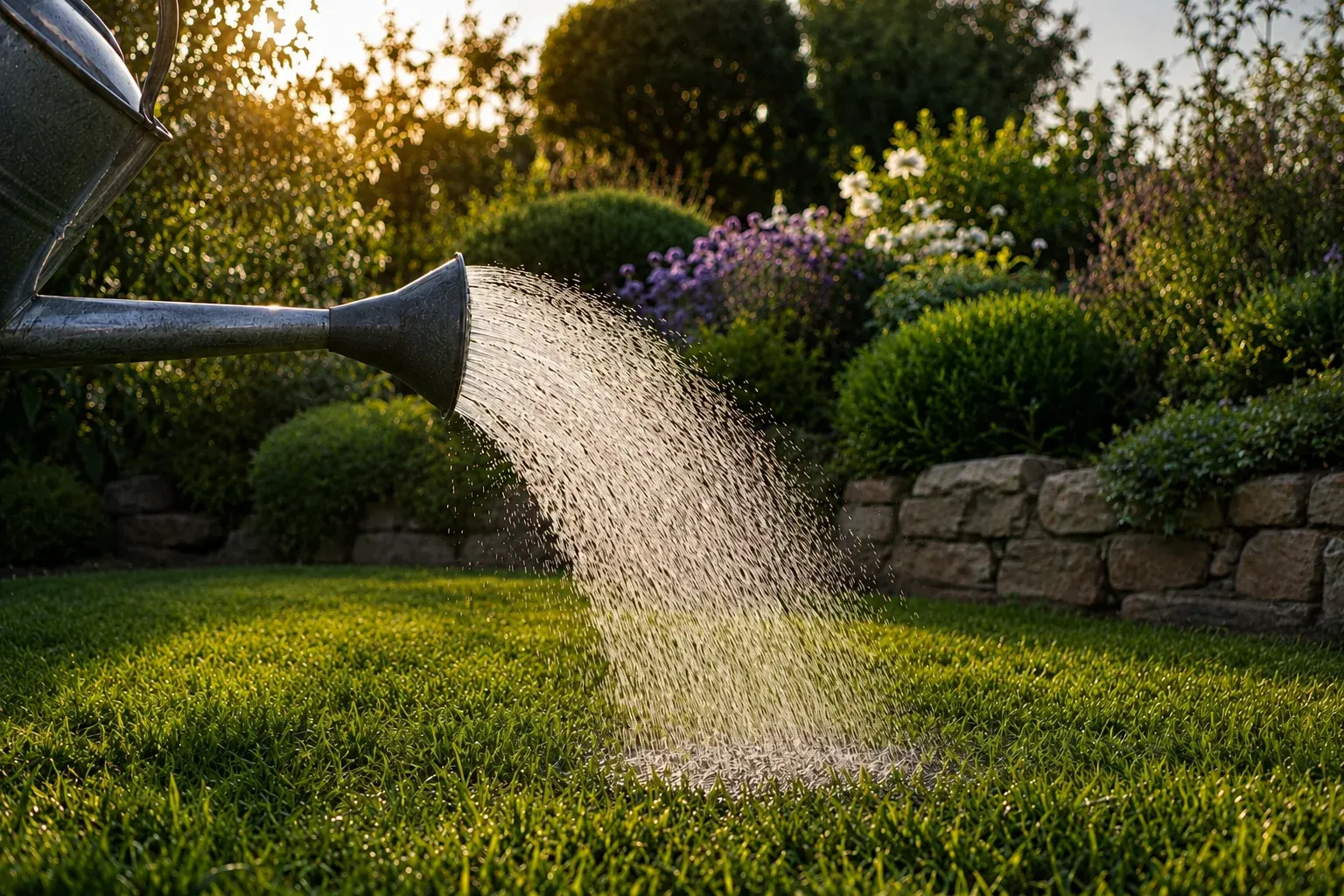 Arrosoir versant une solution de nématodes sur une pelouse au crépuscule pour traiter les larves du sol