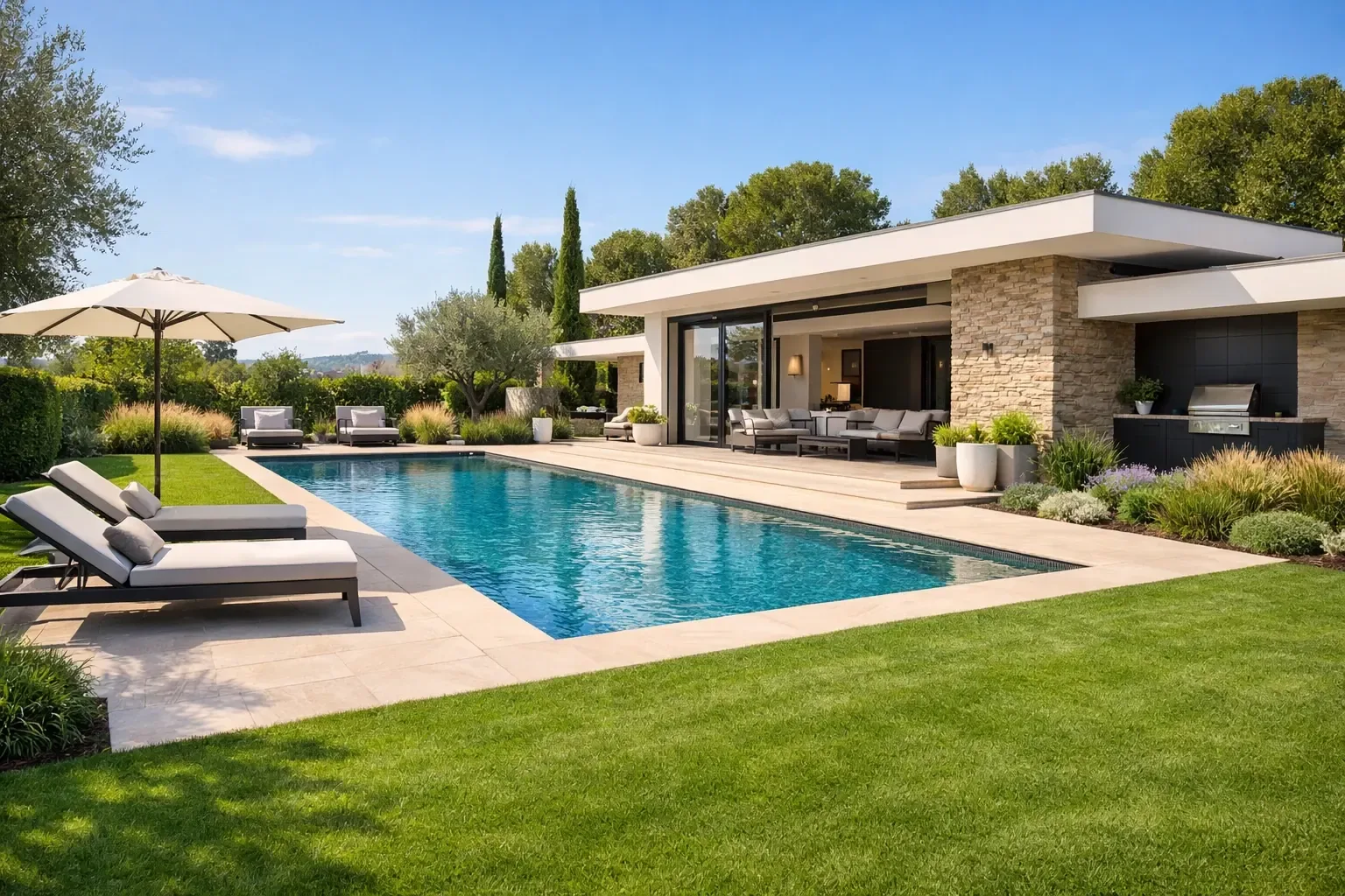 Pelouse premium autour d'une piscine et d'une villa à Fréjus