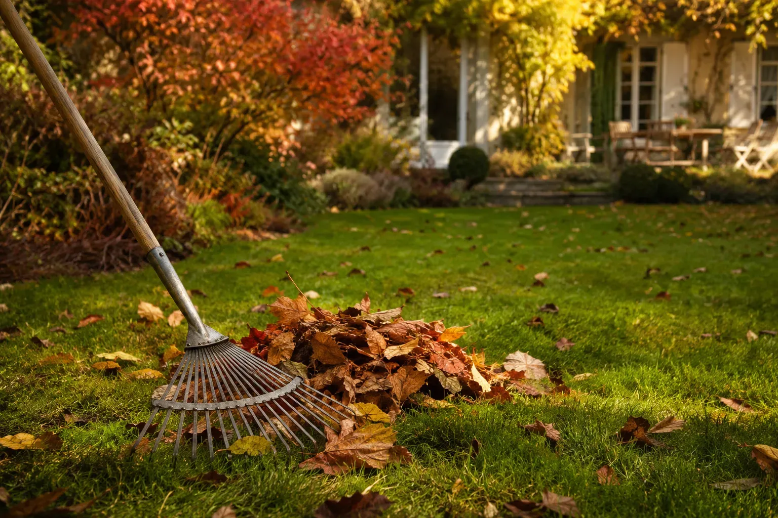Pelouse d'automne avec feuilles mortes en cours de ramassage