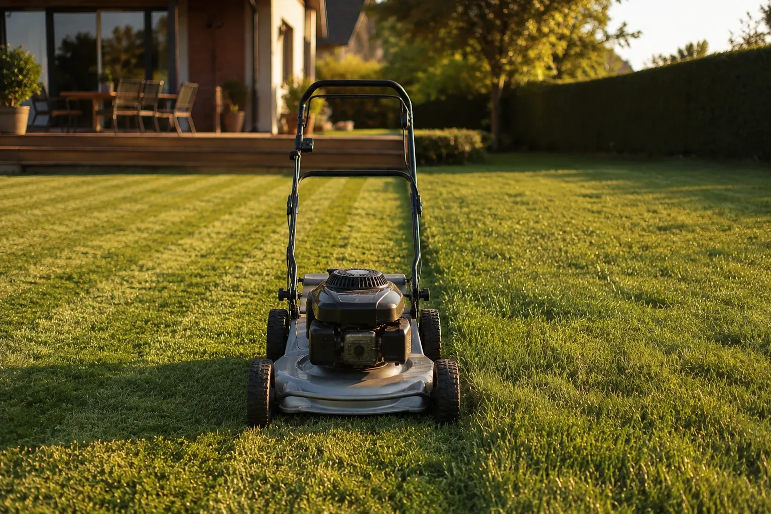 Tondeuse professionnelle sur une pelouse de jardin pavillonnaire tondue à mi-parcours