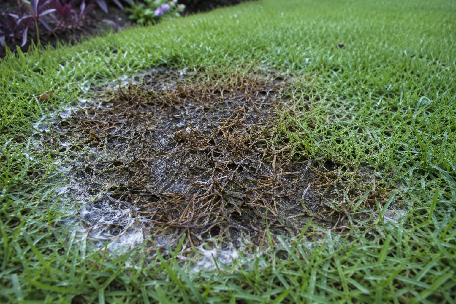 Plaques irrégulières de gazon affaissé et graissé par le pythium, avec brins collés entre eux après un épisode chaud et humide