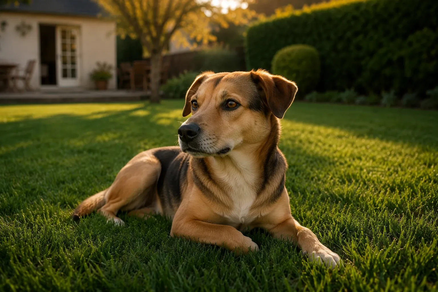 Chien couché sur une pelouse dense et résistante dans un jardin de pavillon
