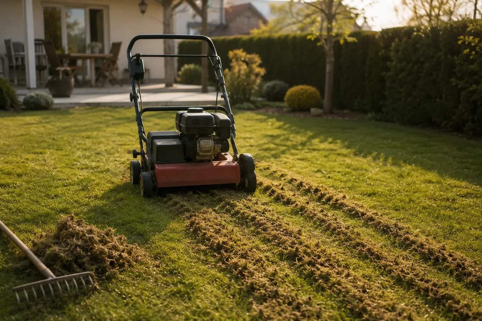 Scarificateur retirant le feutre d'une pelouse au début du printemps