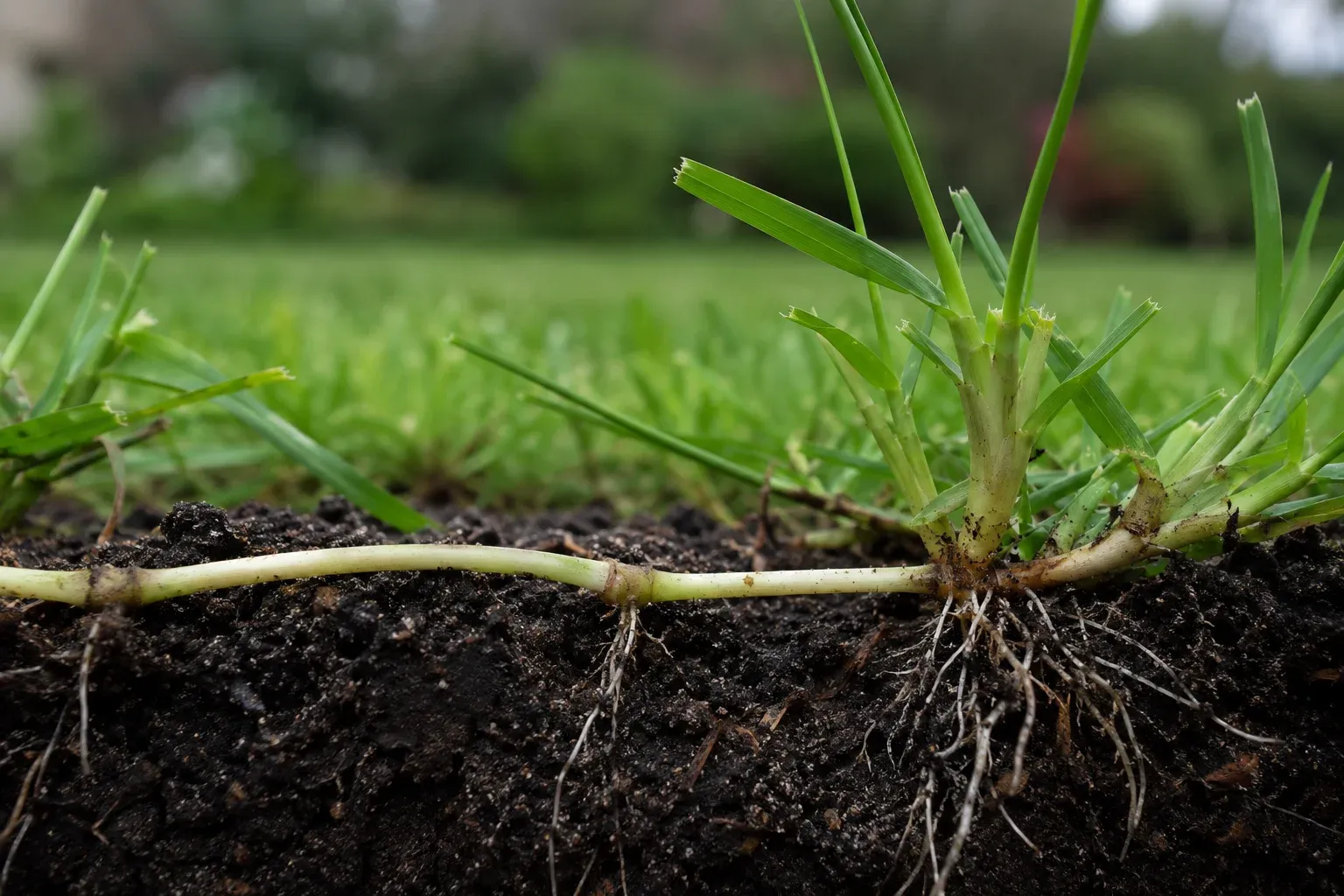 Schéma naturel d'un brin de gazon émettant un stolon rampant en surface et un rhizome souterrain qui ressort en nouvelle pousse