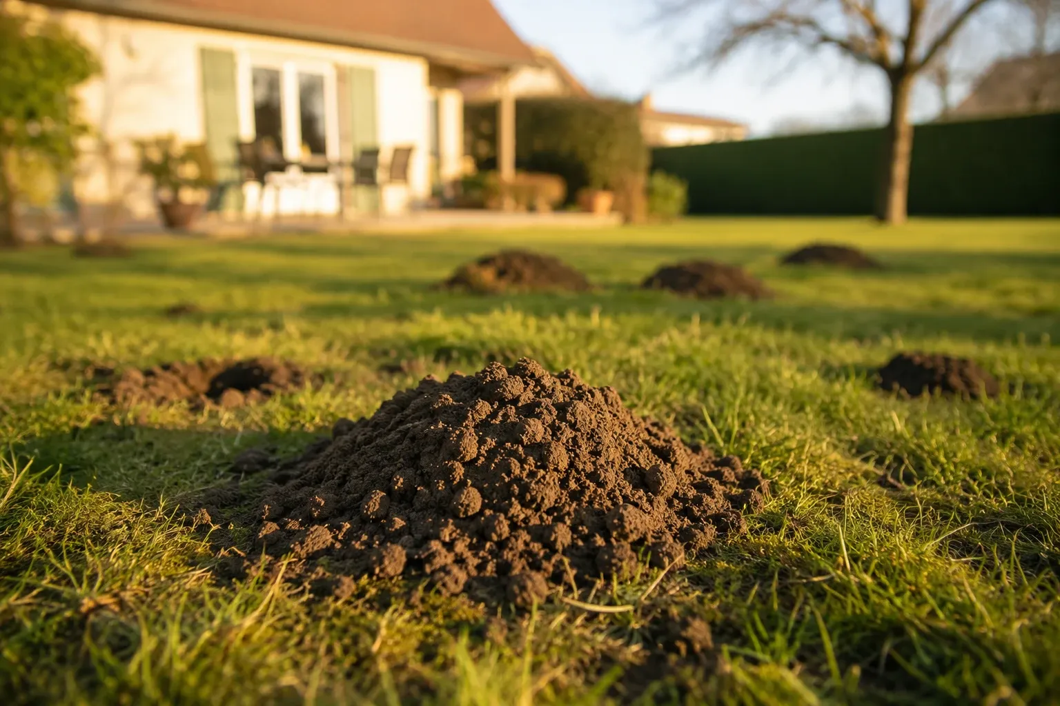 Pelouse de jardin marquée par des monticules de terre et des petits trous